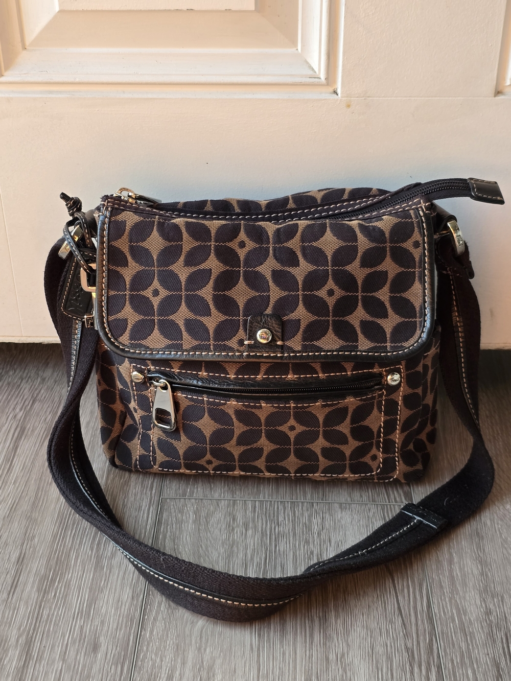 Fossil Key-Per Leaf Print Canvas Crossbody Bag Leather Trim Gold Hardware